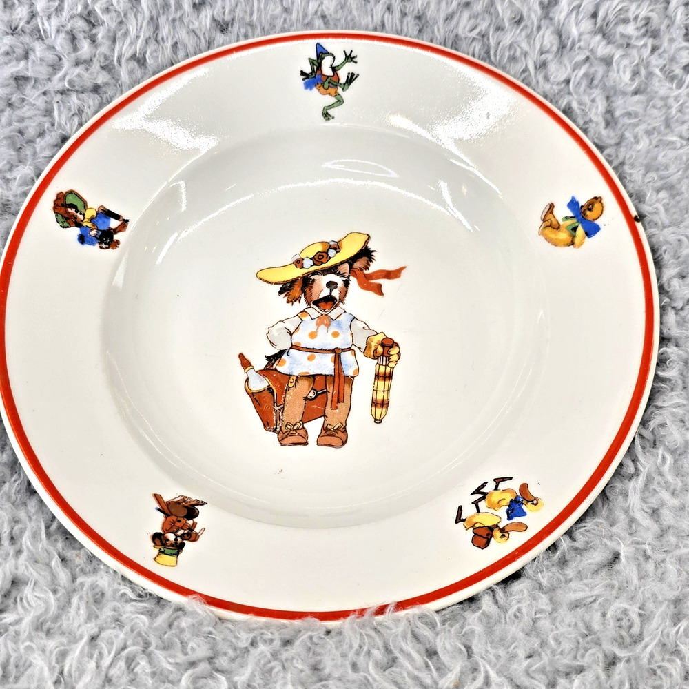 Vintage Edwin Knowles Bowl Red Rim Childrens Nursery Dog Bear Duck Frog Animals